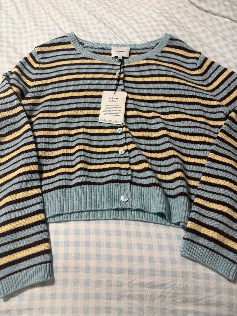 Reformation Striped Cashmere Cardigan - Light Blue, Pale Yellow & Brown